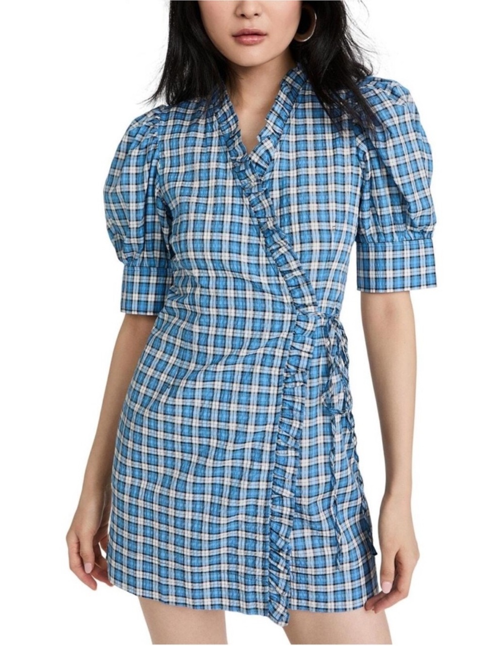 Ganni Blue Plaid Wrap Midi Dress